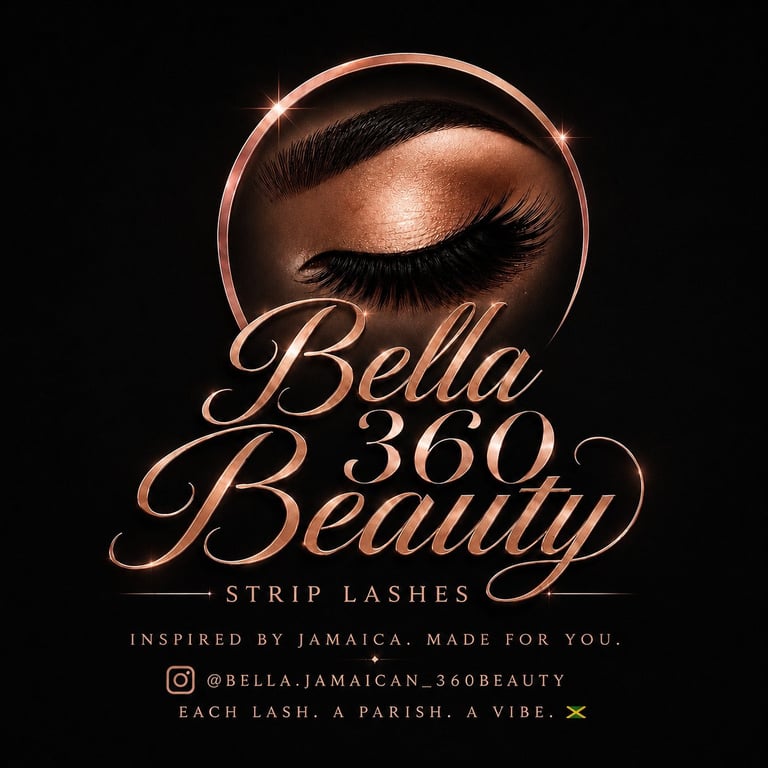 Bella 360 Beauty logo featuring a close-up of an eye with dramatic false lashes on a black background