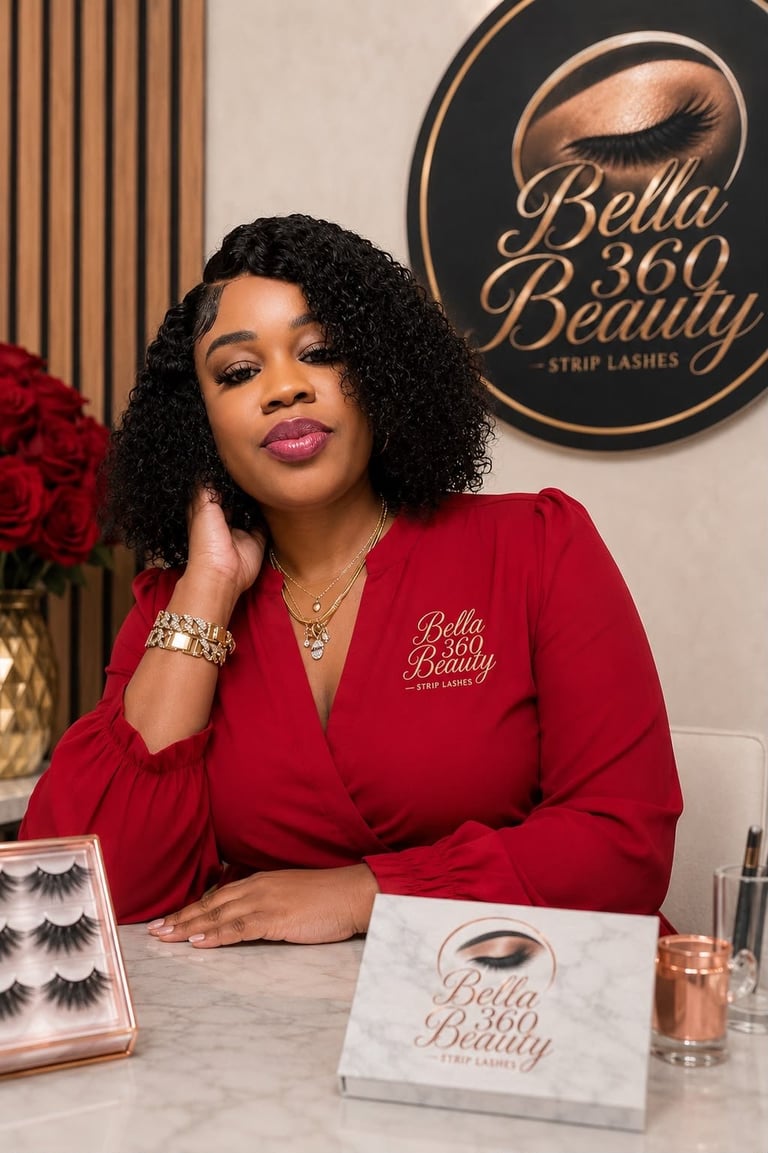 Woman in red blazer posing at Bella 360 Beauty strip lashes counter with branded signage and product display